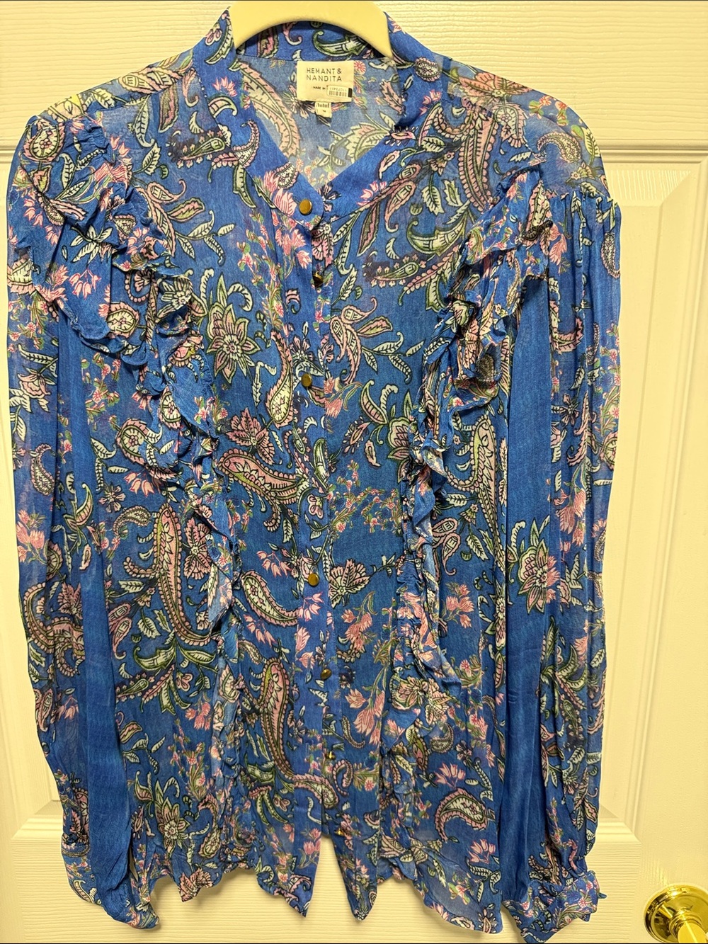 HEMANT & NANDITA Blue Paisley Ruffle Button-Down Blouse